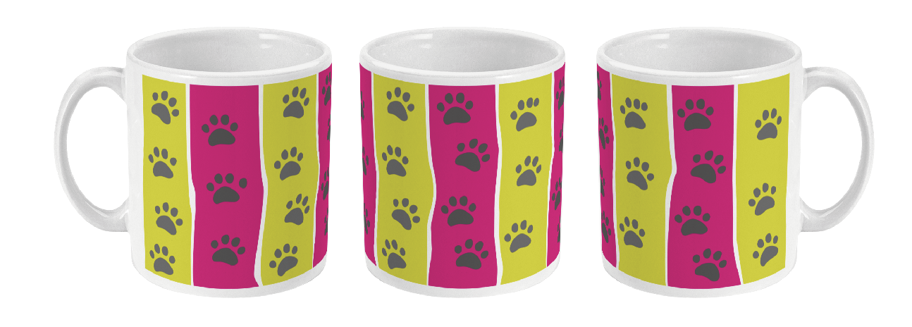 paw print stripe mug in pink and lime