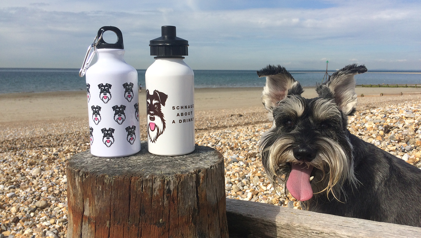 Buzby on beach with water bottles